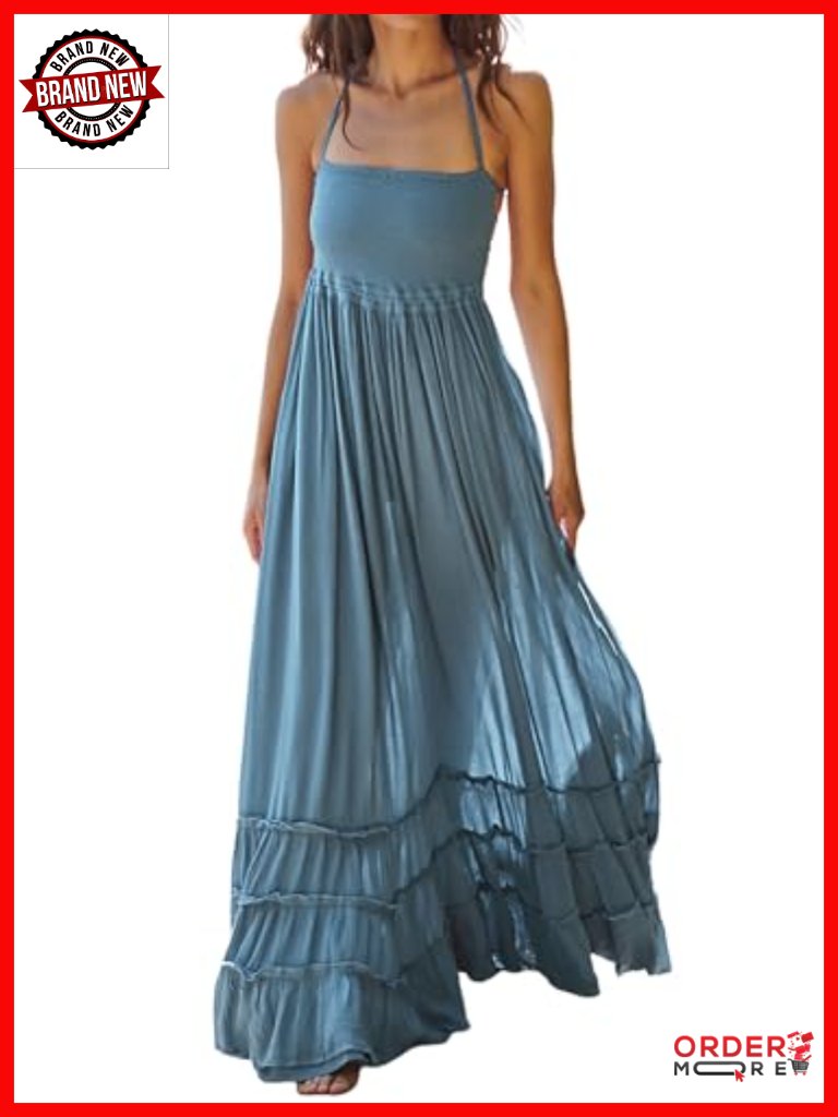 Boho Backless Maxi Dress Halter Neck Ruffle Hem Flowy